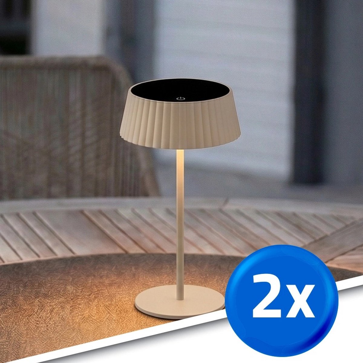 Tafellamp oplaadbaar 'Seren' - Zand - Set van 2 stuks - Opladen via USB-C of zonne-energie - Touch Dimbaar - Tot 60 branduren - Warm wit licht (2700K) - IP44 - Luxe uitstraling - Solar tafellamp