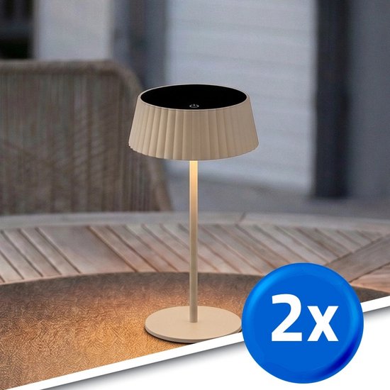 RexTech Tafellamp oplaadbaar 'Seren' - Zand - Set van 2 stuks - Opladen via USB-C of zonne-energie - Touch Dimbaar - Tot 60 branduren - Solar tafellamp