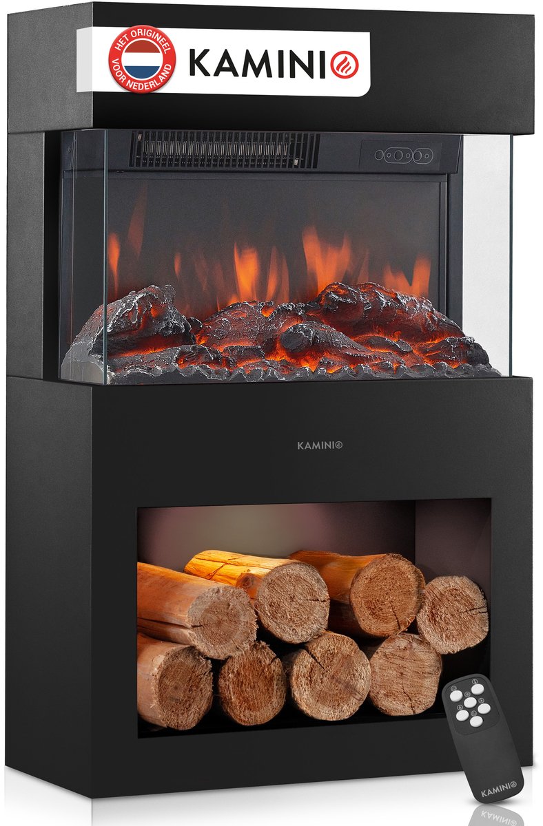 Bol.com KAMINIO Elektrische haard HENRI - Elektrische houtkachel met verwarming, 3D-vlameffect, houtopslag, afstandsbediening- Z... aanbieding
