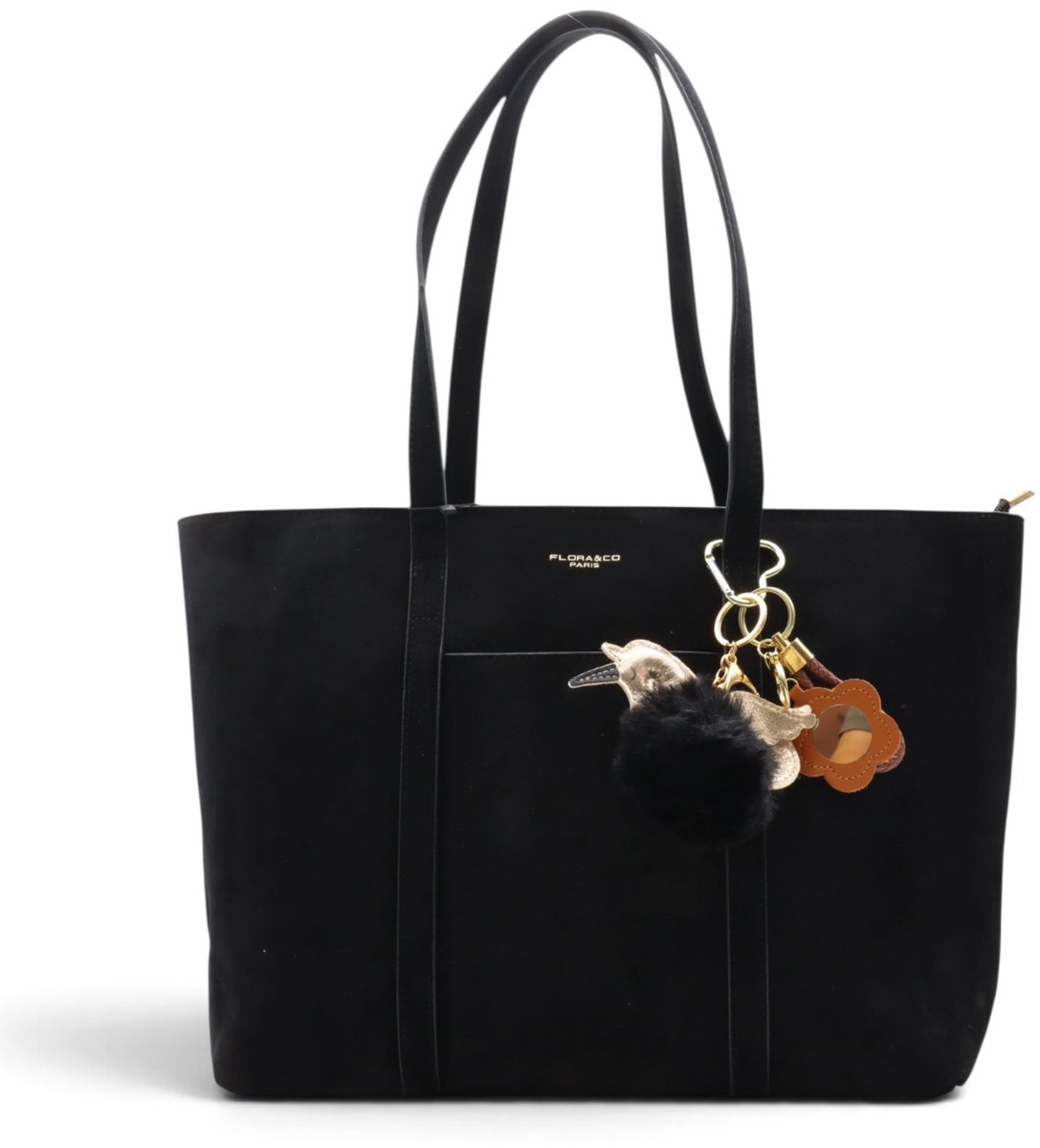 Flora&Co - SOLIS - suède look - grote handtas/tote bag met lange instelbare draagriem - zwart - geschikt voor A4 - ideaal voor school- of werktas