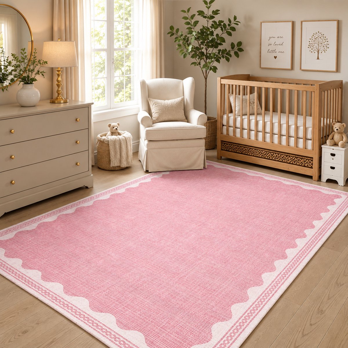 Vloerkleed 160x230 cm - Modern Golfrand Design - Wasbaar - Roze - Polyester met Rubberen Onderlaag