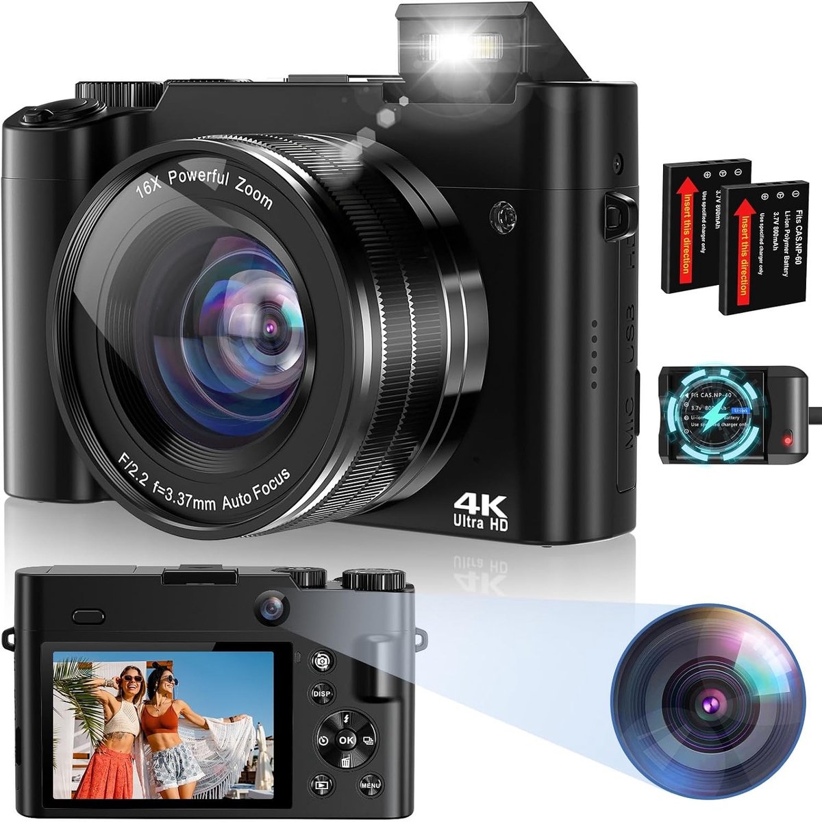 Digitale camera - Zwart - HD 4K - 64 MP met 16x zoom en ingebouwde flitser - Voor fotoliefhebbers