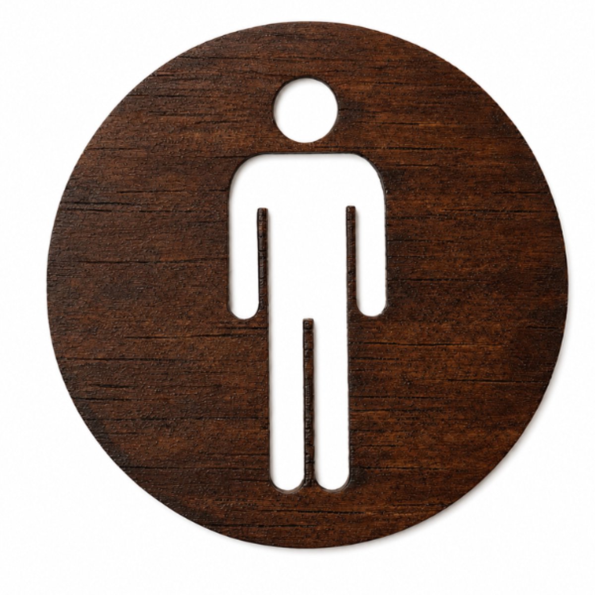 Zelfklevende houten toilet sticker – WC bordje met heren pictogram – Rond hout design Ø6 cm – Palissander look - Eenvoudig te bevestigen