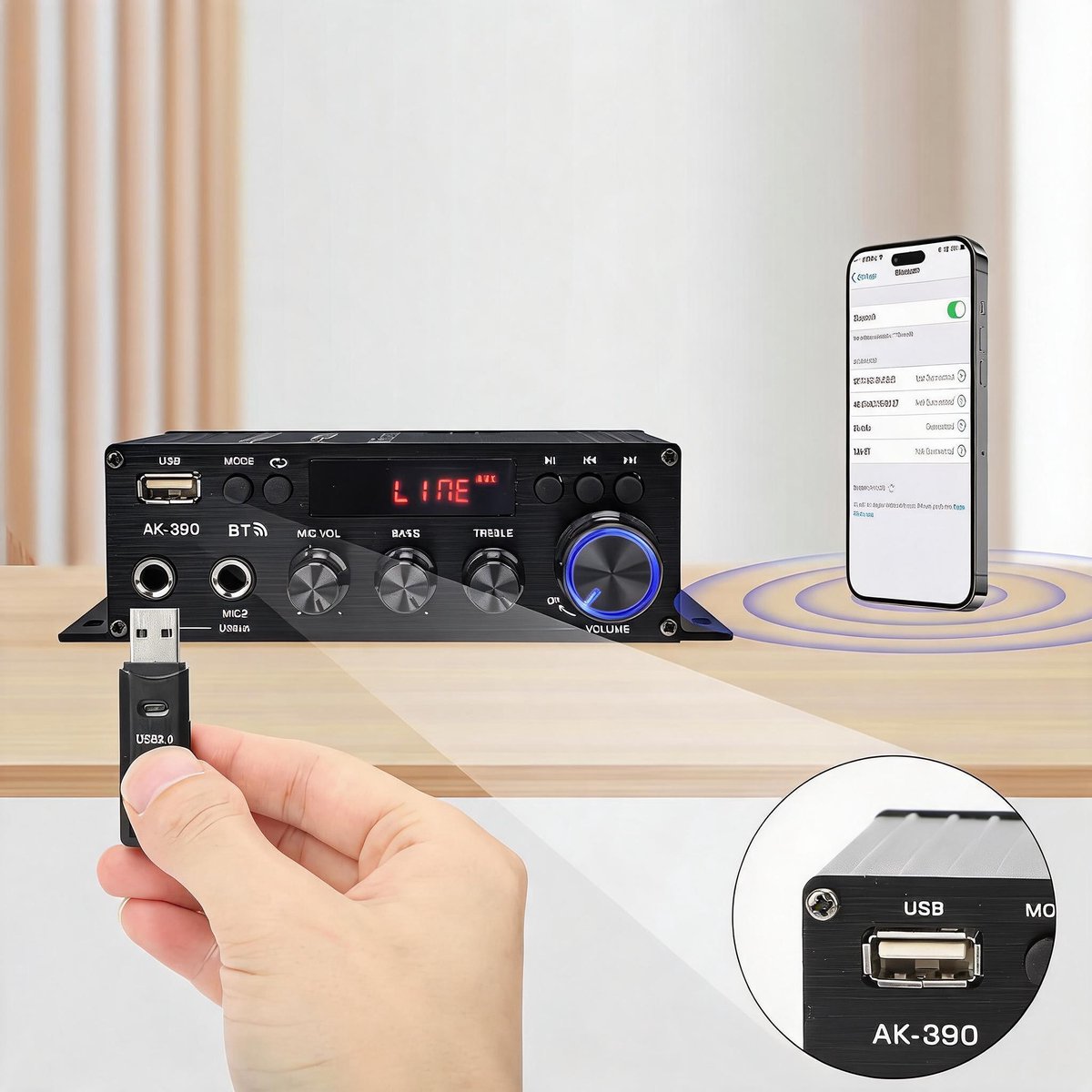 Bluetooth 5.0 Versterker - HiFi Stereo Versterker - Mini Audioversterker - 2.0 Kanaals - FM Radio - EQ 6 Standen - AUX/USB/RCA - 2 Microfoon - met Afstandsbediening - Voor Thuisbioscoop & Karaoke thumbnail 6