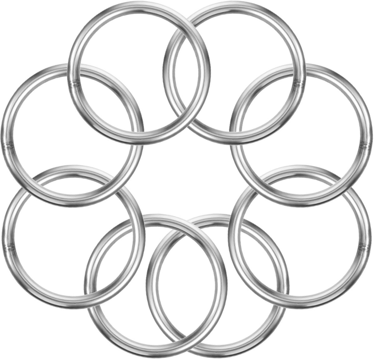 Sibba 8 x O-ringen, roestvrij staal, 50 mm, rond, metalen ring, 5 mm sterke ring, sleutelring, karabijnhaak, zilver - ShopVlot