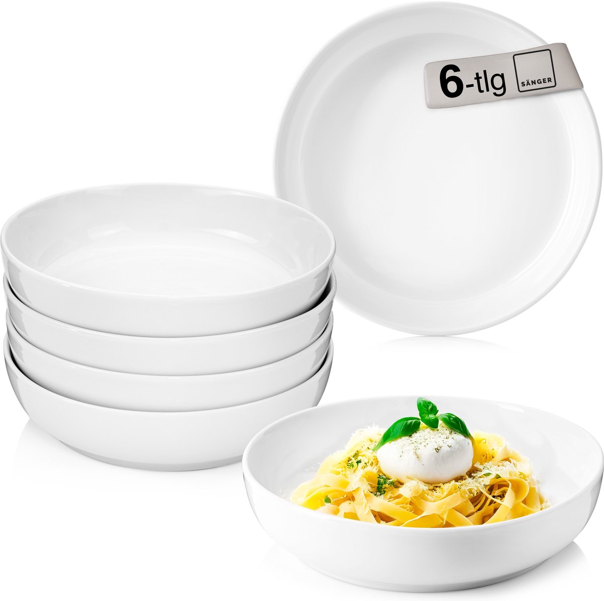 SÄNGER Marlo Pastaschalen 6-delig - Porseleinen Kommen - Wit - Ø 22 cm x 5,5 cm - 1,15 L Per Kom - Stapelbaar Servies - Handgemaakte Kwaliteit