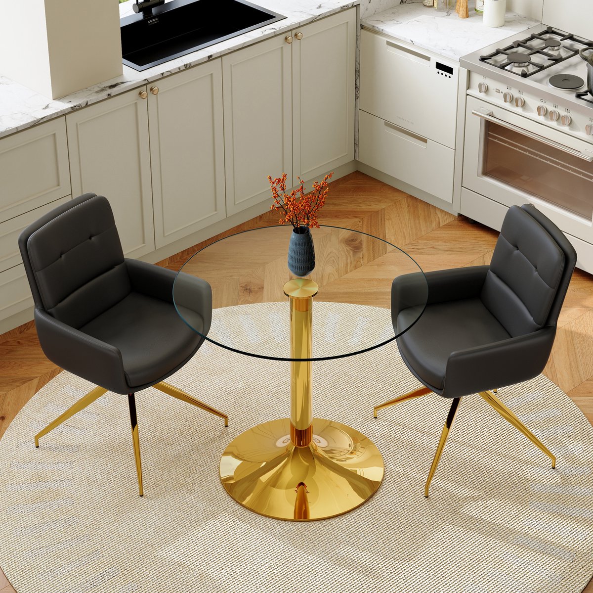 Wishdor Ronde eettafelset - 85 cm glazen tafelblad - Metalen onderstel - 2 draaibare eetkamerstoelen - Zwart goud - Met armleuningen en hoge rugleuning - Modern