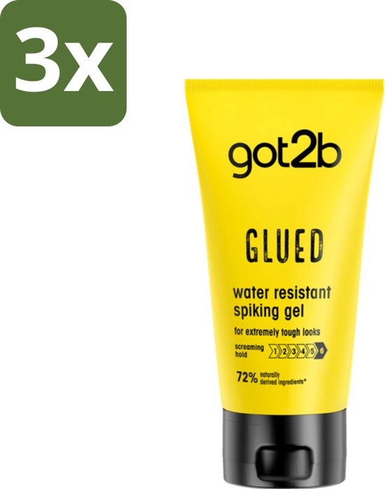 3x Got2b Glued waterbestendige stylinggel voor extreem stevige looks, schreeuwende fixatie 12345, 72% natuurlijk afgeleide ingrediënten.
