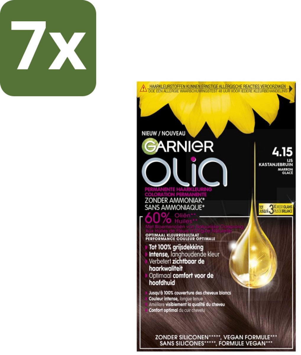 Garnier - Olia 4.15 - Haarkleuring - Kastanje Middenbruin - Zonder Ammoniak - 100% Grijsdekking - Bulkverpakking - 7 stuks