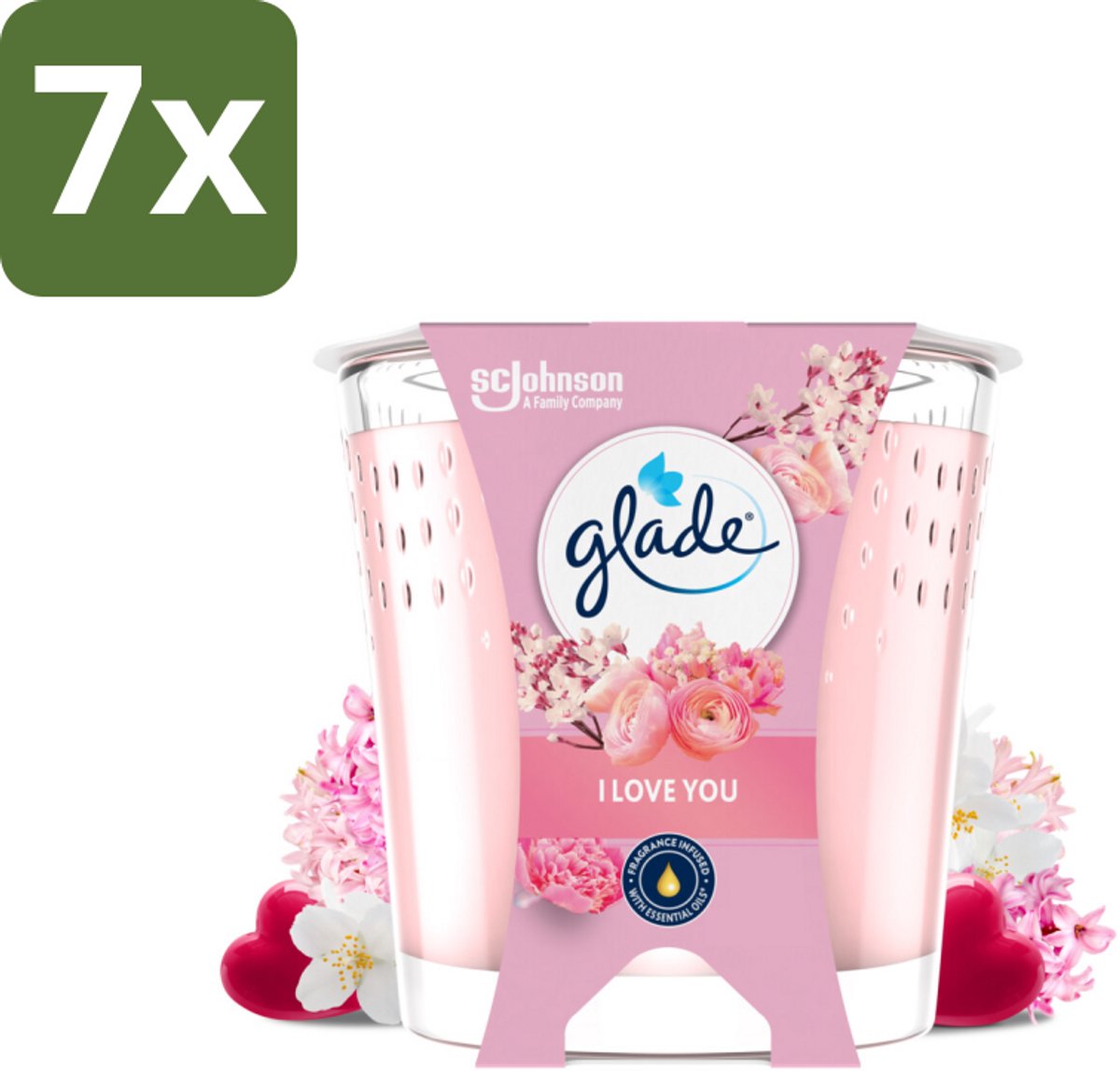 Glade - Geurkaars I Love You - 100% Raapzaadwas & Vegan - 112 g - Bulkverpakking - 7 stuks