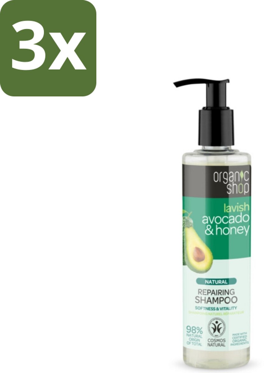 Organic Shop - Natural Repairing Shampoo - Avocado & Honey - Hydraterend en Herstellend - 280 ml - Bulkverpakking - 3 stuks
