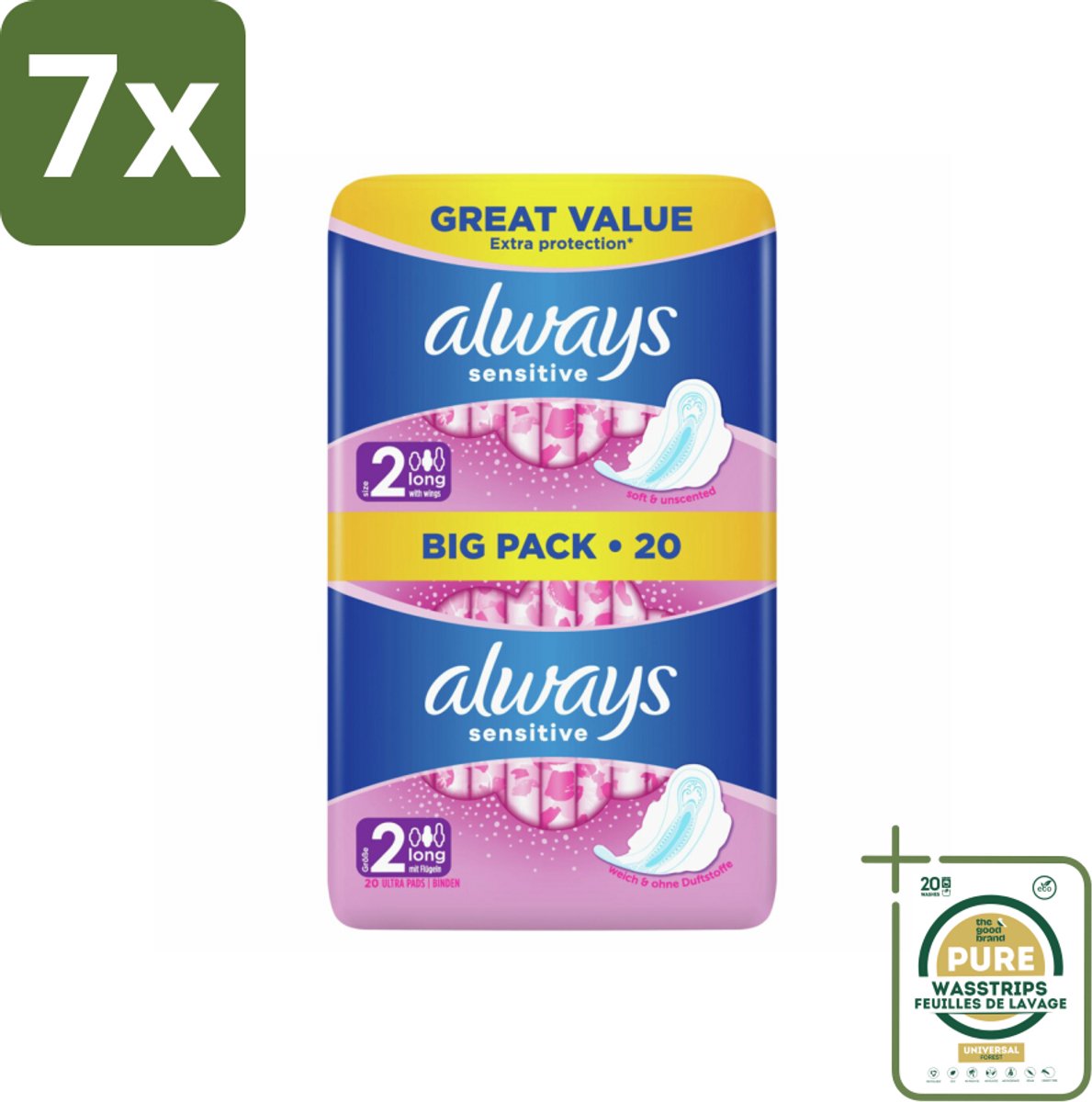 7 x Always - Maandverband - Long - Sensitive - 20 Maandverband - Grootverpakking - Maandverband - Menstruatie - Gevoelige Huid - Zachte Maandverband - Superabsorberend