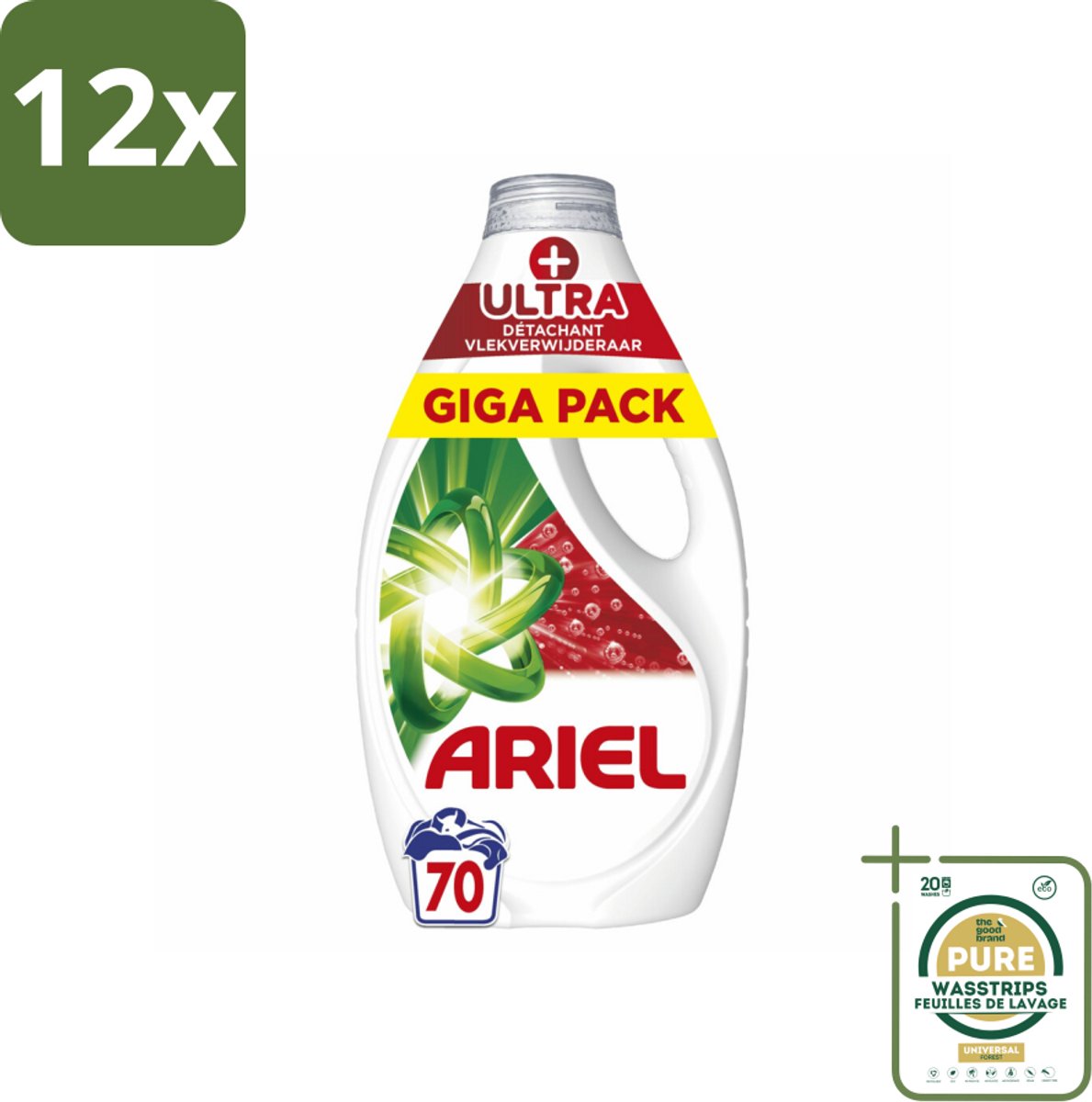 Ariel - Vloeibaar Wasmiddel - +Ultra Vlekverwijderaar - 70 Wasbeurten - 3150 ml - Voordeelverpakking - 12 stuks - Wasmiddel vloeibaar - Wasmiddel voor koude was