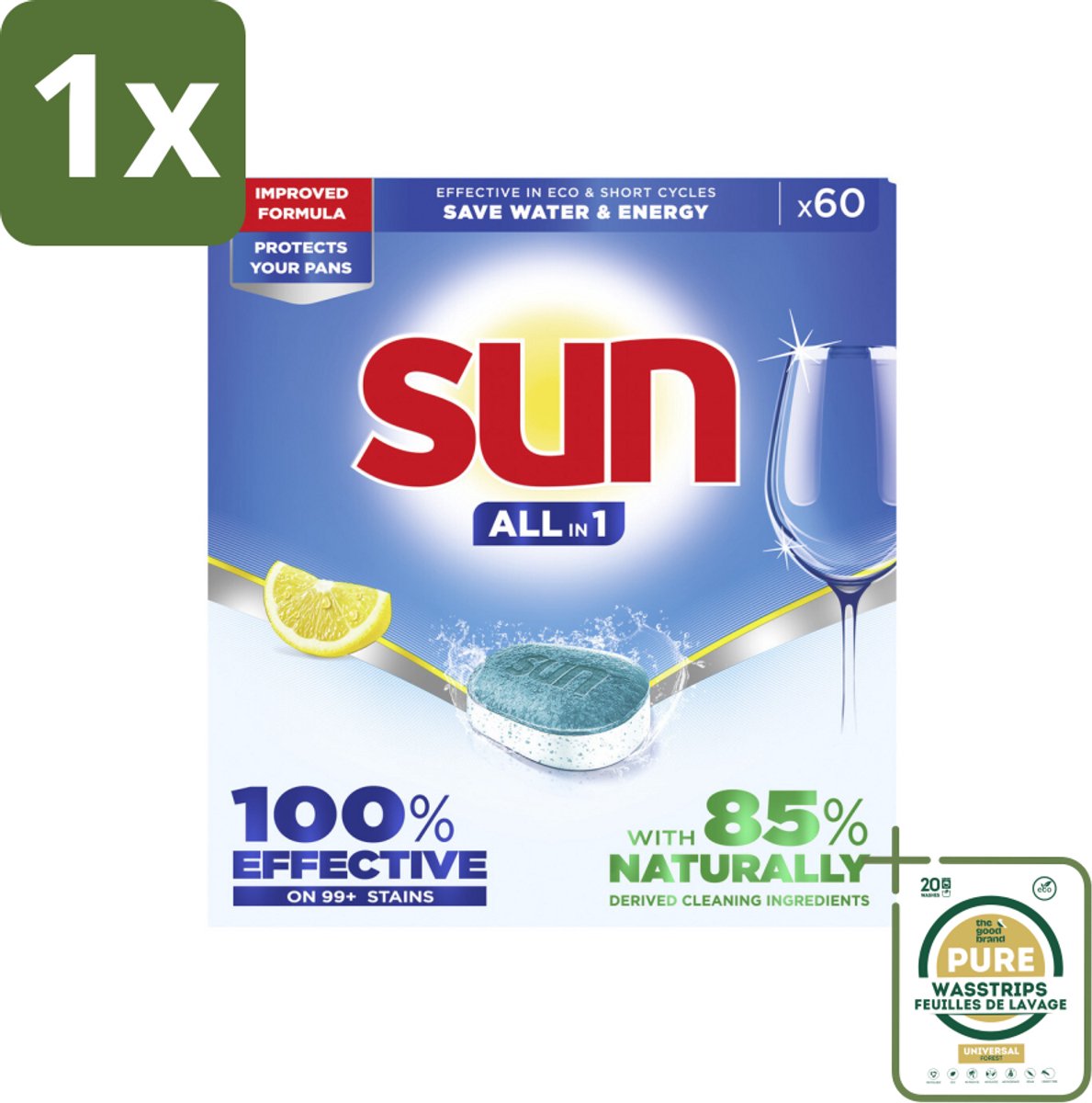 1 x Sun - Vaatwastabletten - All-in-1 Citroen - 60 tabletten- Vaatwastabletten - Vaatwasmiddel - Citroen - Reiniging - Vlekken