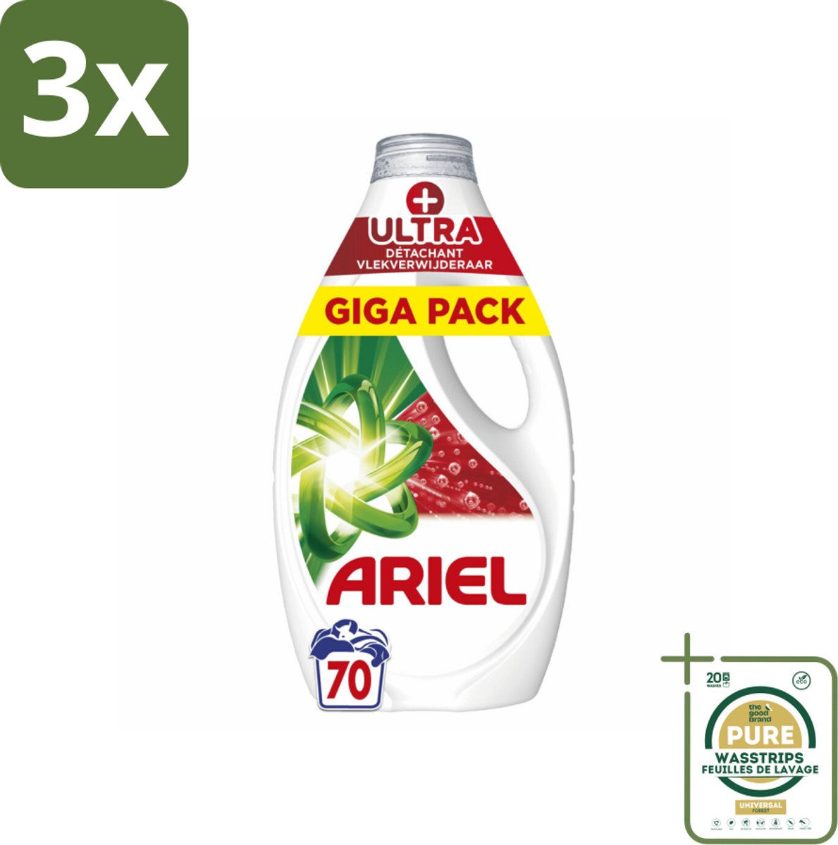 3 x Ariel - Vloeibaar Wasmiddel - +Ultra Vlekverwijderaar - 70 Wasbeurten - 3150 ml - Grootverpakking - Vlekverwijderaar - Vloeibaar Wasmiddel - Hardnekkige Vlekken - Ingedroogde Vlekken - Koude Was