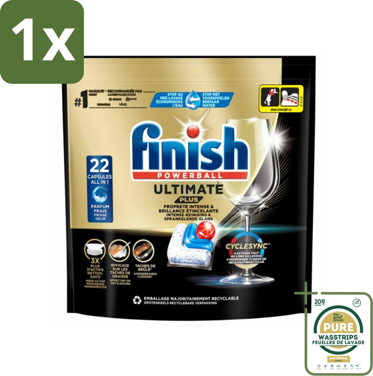 1 x Finish - Vaatwasmiddel - Ultimate Plus Vaatwastabletten Regular - Krachtige Alles-in-1 Reiniging - 22 capsules- Vaatwasmiddel - Vaatwastablet - Vaatwasmachine - Reinigingsmiddel - Glans