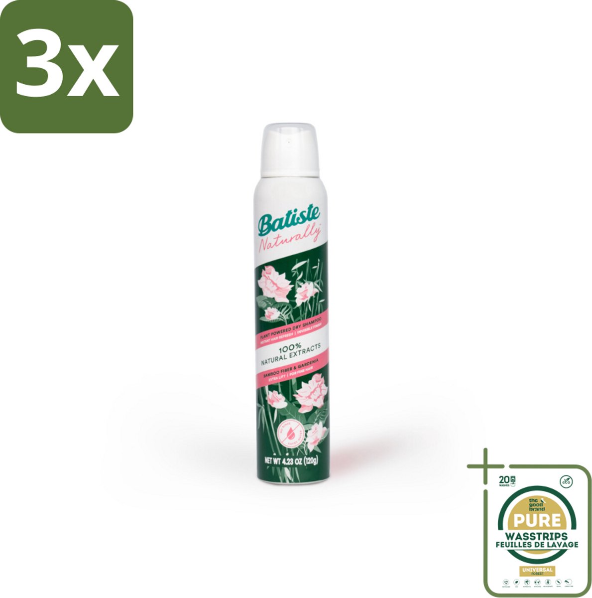 3 x Batiste - Naturally Bamboo Fibre & Gardenia - Droogshampoo - Versterkt en Verfrist - 100% Natuurlijk - 200ml - Grootverpakking - Droogshampoo - Natuurlijk Haarverzorging - Bamboevezels - Gardenia Extract - Haarversterking