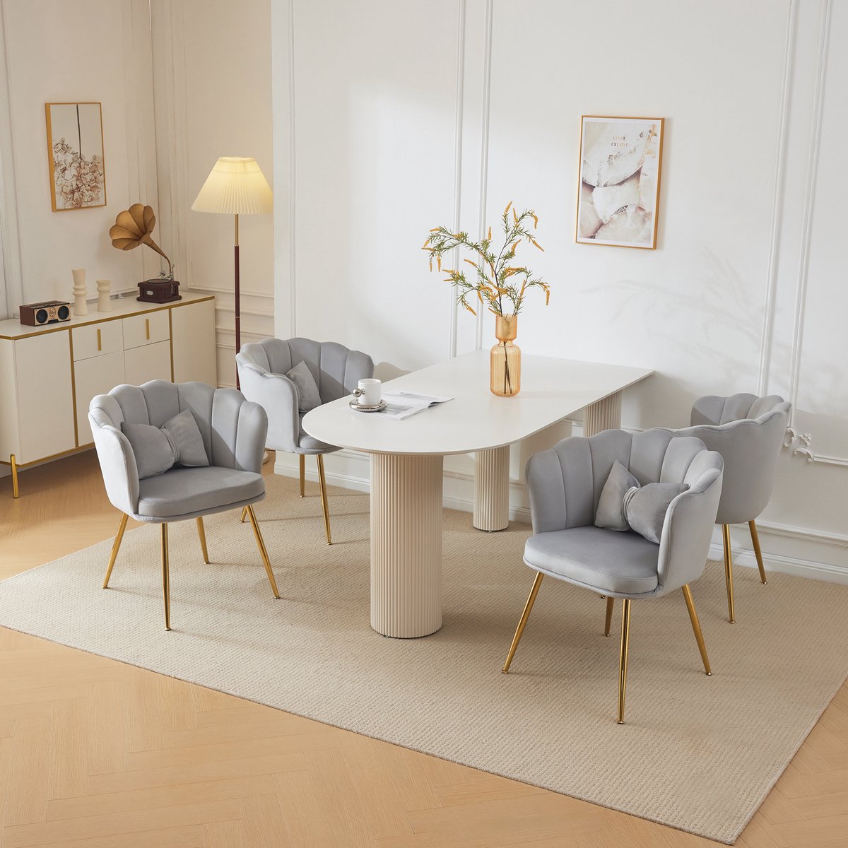 Set Van 4 Moderne Fluwelen Eetkamerstoelen Met Armleuningen En Gouden Metalen Poten Voor Woonkamer Slaapkamer En Eetkamer Grijs