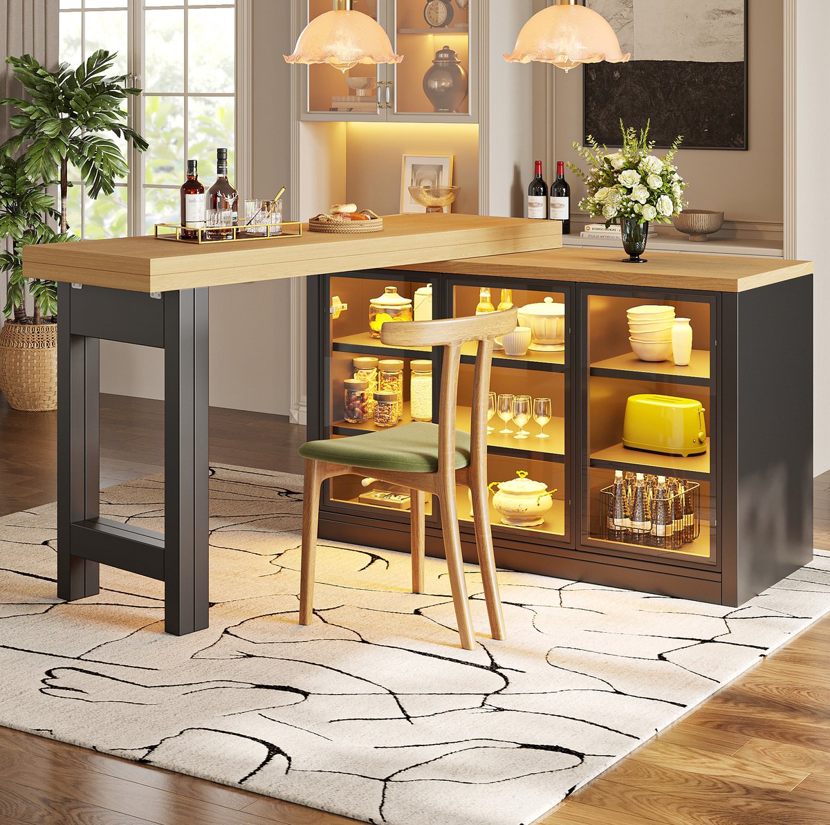 Uitrekbare Eettafel Met 360° Draaibaar Blad En Zijkast – Moderne Keukenislandcombinatie – MDF En Glas – Zwart – 120 Tot 197 Cm