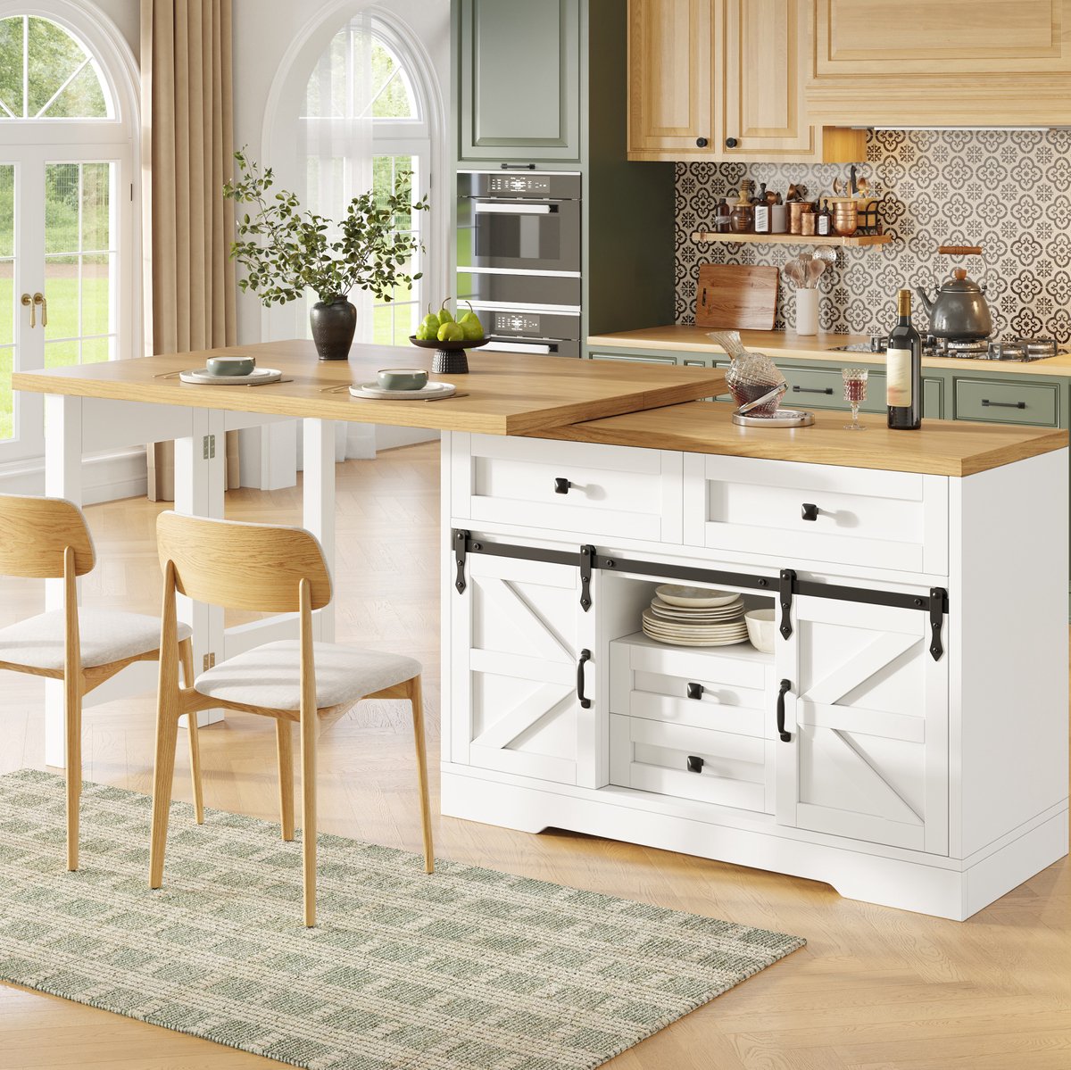 Keukeneiland En Eettafel Met Uitschuifbare Bladen En Opbergruimte Voor Keuken En Eetkamer Van Mdf Wit 120 197 Cm