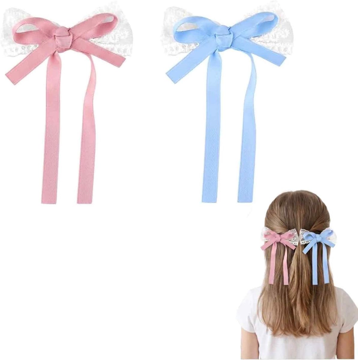 Haarspelden voor dames, elegant, met kanten strik, voor dames, roze en blauw, voor dagelijkse kapsels, haaraccessoires - ShopVlot