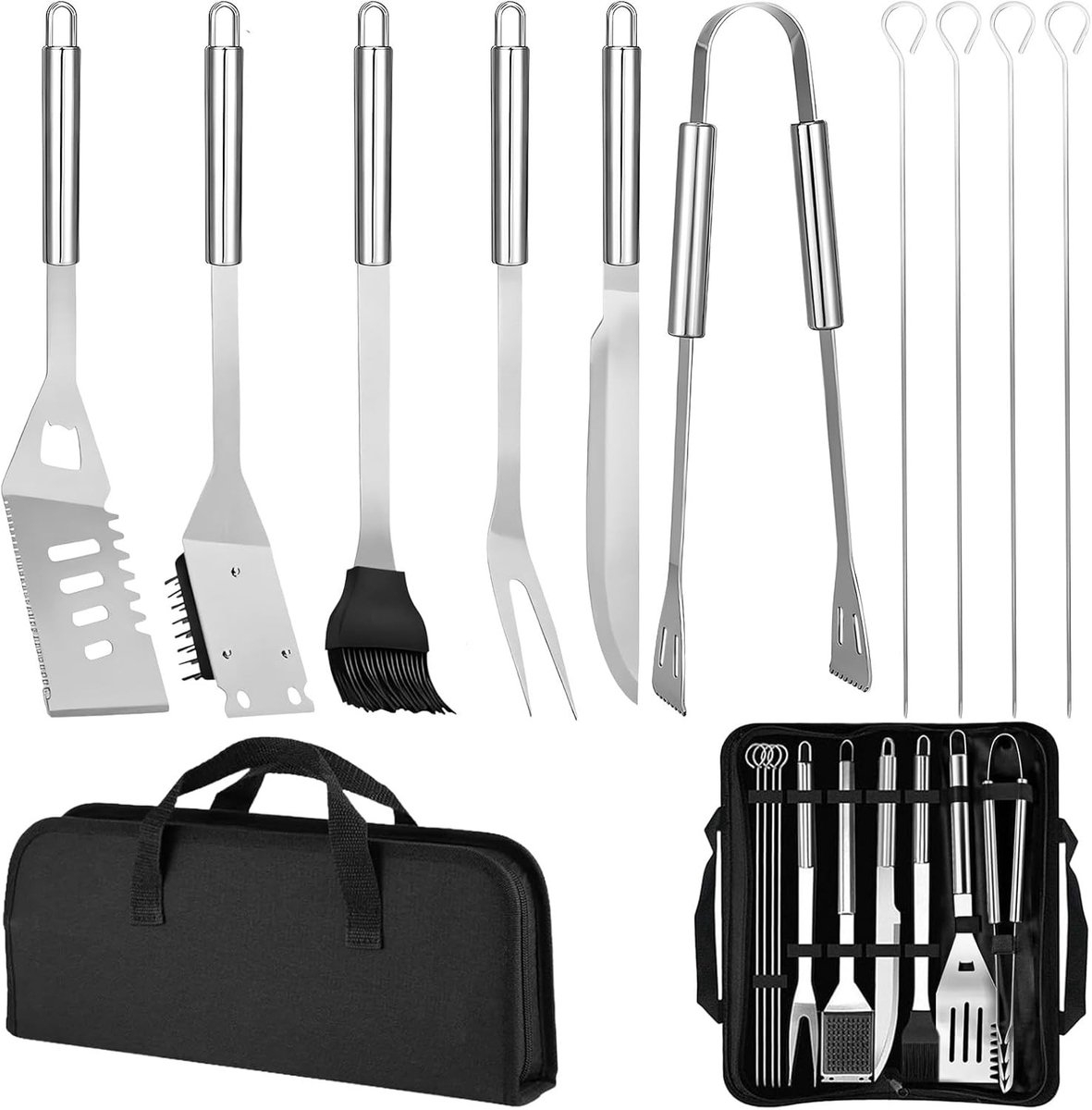 Barbecue Accessoireset - Natuurlijk - 36 x 8,5 cm - Roestvrij Staal - Voor Buiten en Camping