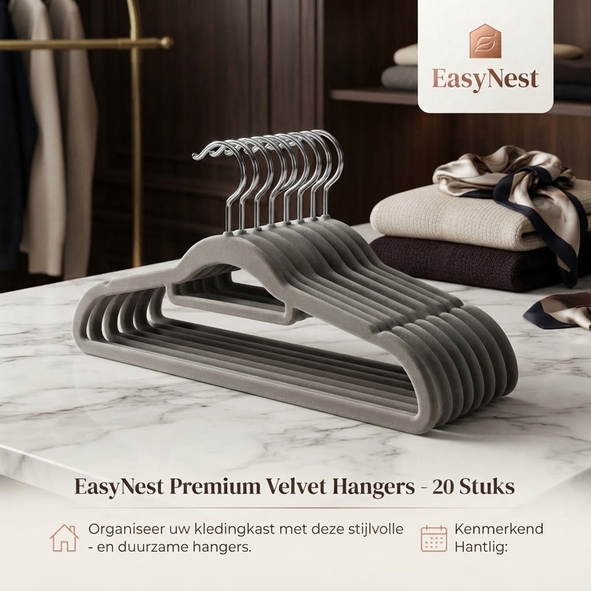 Fluwelen Kledinghangers Set van 20 – Antislip Kledinghangers – Slimme Ruimtebesparende Hangers – Grijs