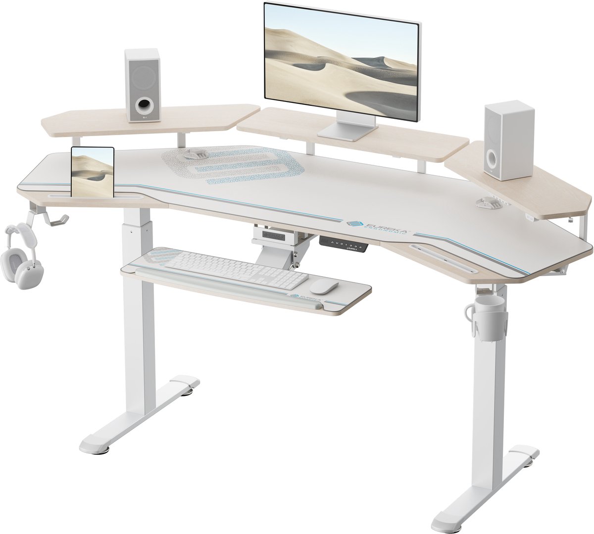 LAPAMAX bureau voor gaming en thuiswerken - elektrisch zit-sta bureau met dubbel motorsysteem - vleugelvormig gamingbureau met werkblad van 182 x 76 cm - hoogte 75 tot 122 cm - monitorplank met ledlicht en verstelbare toetsenbordlade