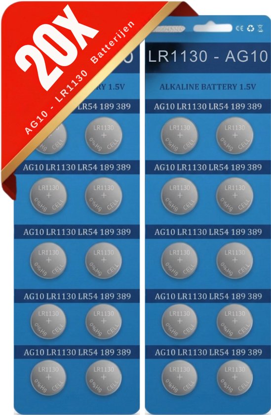 20 AG10 - LR1130 batterijen op een blauwe achtergrond, met '20x Batterijen' in rood.