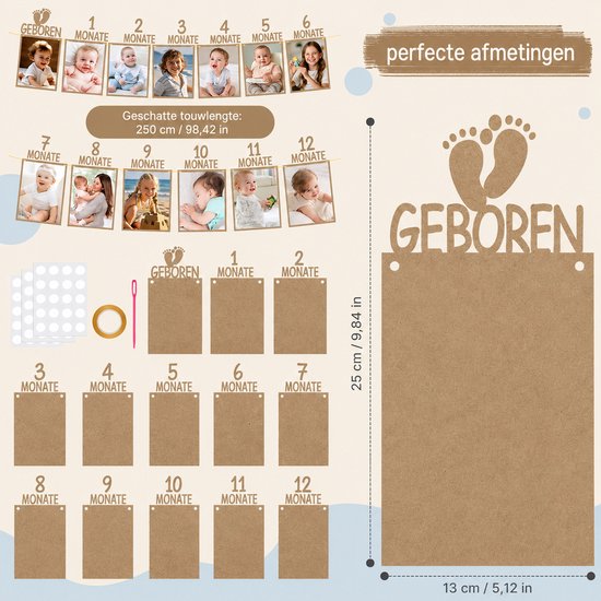 Kaiyaya - Fotoslinger set 13 stuks - Foto's ophangen, herinneringen bewaren - Karton fotolijst - Baby, Eerste verjaardag - Eerste verjaardag decoratie, baby feestdecoratie - Bruin, 13 fotokaarten — afbeelding 2