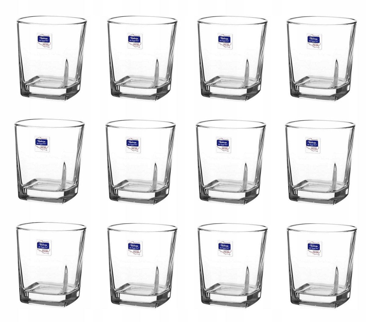 Set van 12 vierkante whiskyglazen 250 ml, helder glas