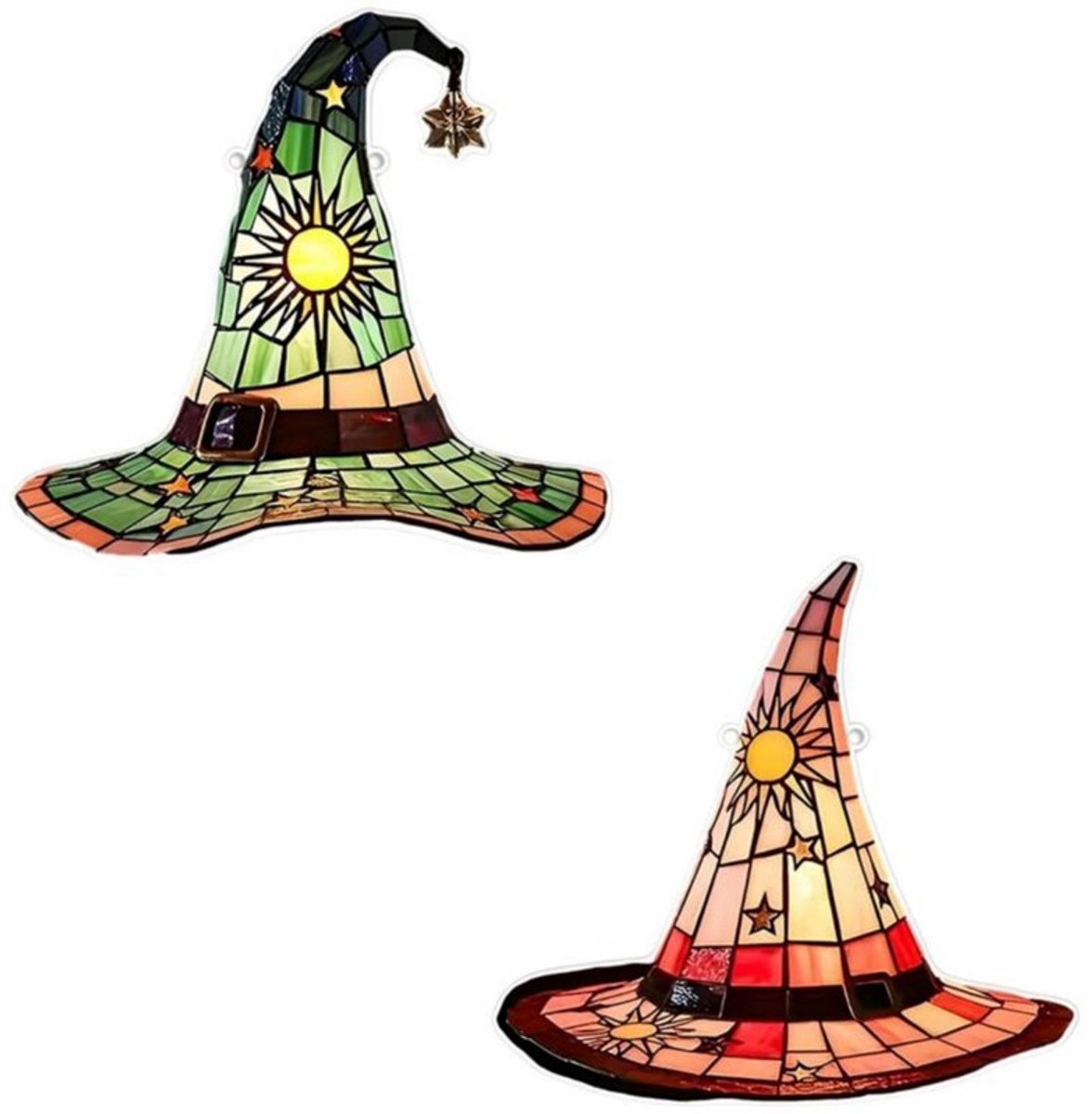 Platte 2D-hangdecoraties van acryl voor Halloween - 2 stuks - 20 x 0,2 cm – Ontwerp met heksenhoed – Hangende decoratie voor ramen en tuin – Decoratie voor binnen – Leuke Halloween-raamversiering – Geschikt voor ramen, keukens en woondecoratie