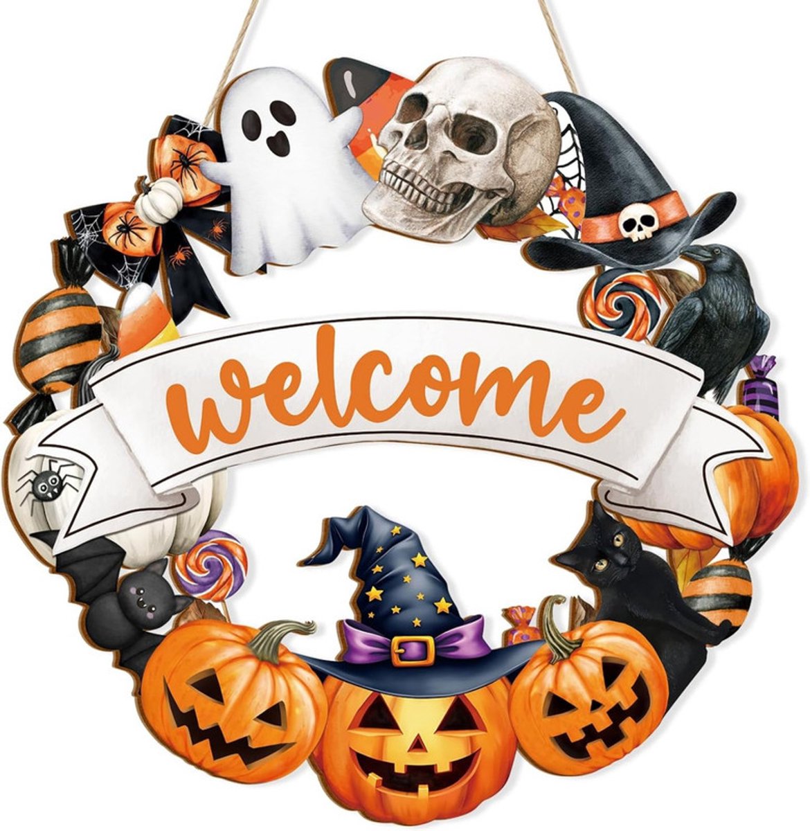 Hangend pompoenornament – ​​28 x 27 cm – Houten Halloween-bord voor de voordeur – Halloween-deurbordje – Wandhanger – Decoratie voor deur en muur – Pompoen-wanddecoratie – Sfeervolle decoratie voor Halloween-feest – Hangend bord voor huis, terras