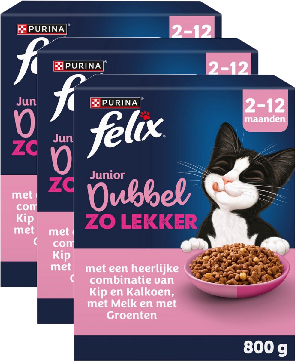 Felix Felix Dubbel Zo Lekker Junior 2-12 Kip en Kalkoen - Multipack - Katten Droogvoer - 2400g (3x800g)