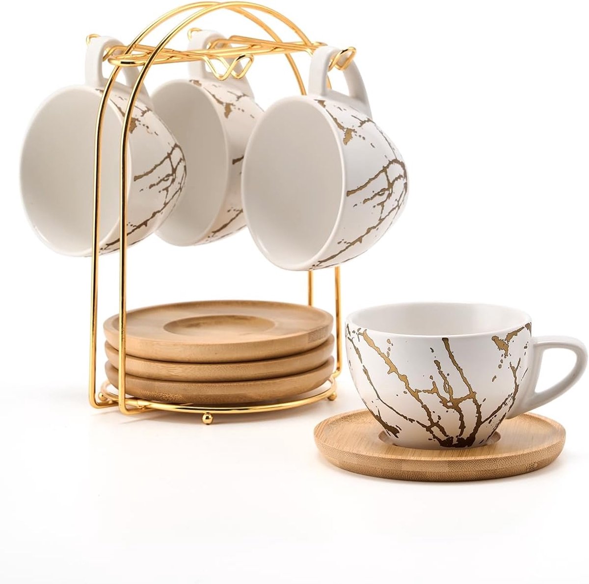 Set van 4 Porseleinen Espressokopjes met Schotels en Standaard