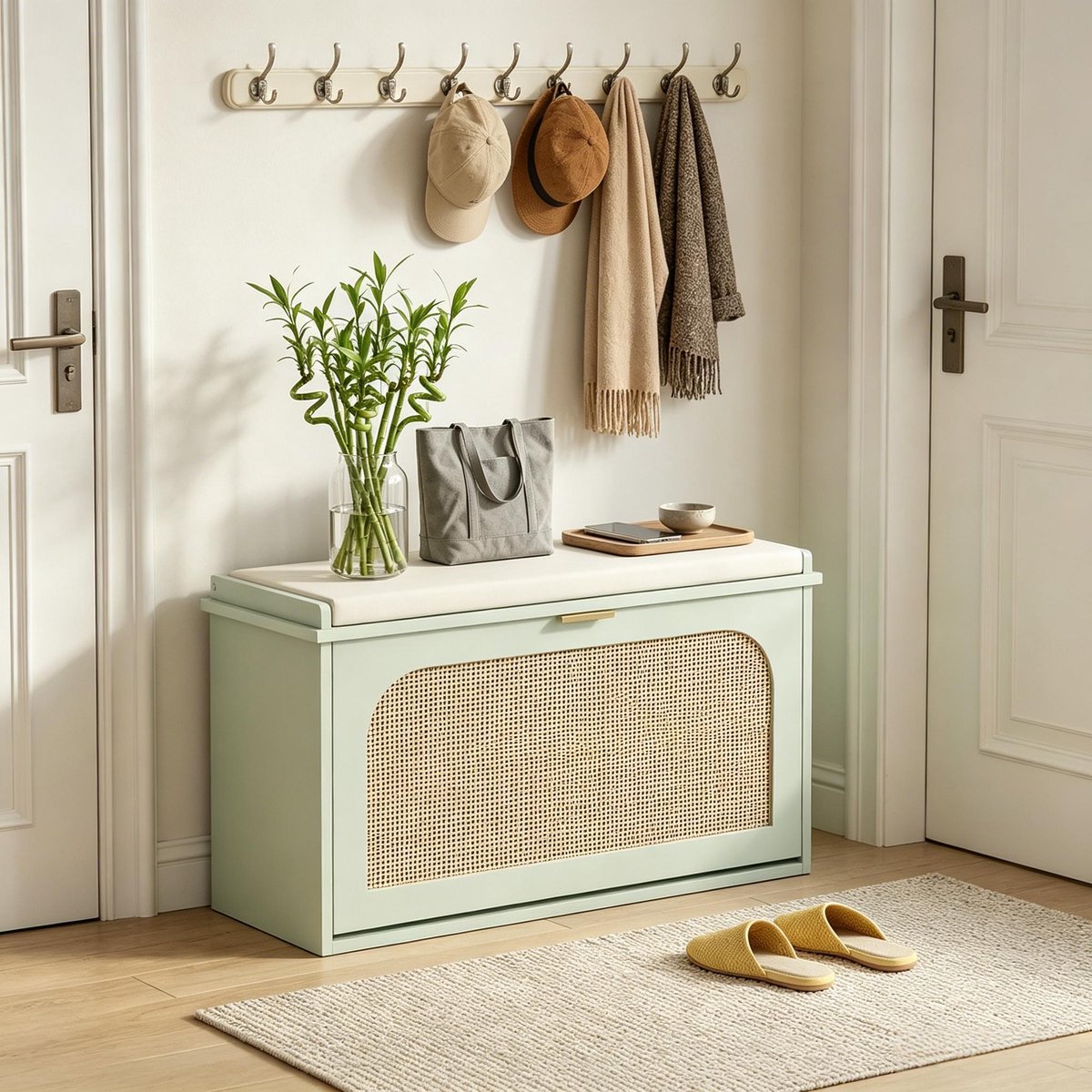 OKWISH Bankje 80 Cm - Schoenbank Met Opbergruimte En Zitting - Voor Hal En Entree - MDF Met Stoffen Kussen - Groen En Beige