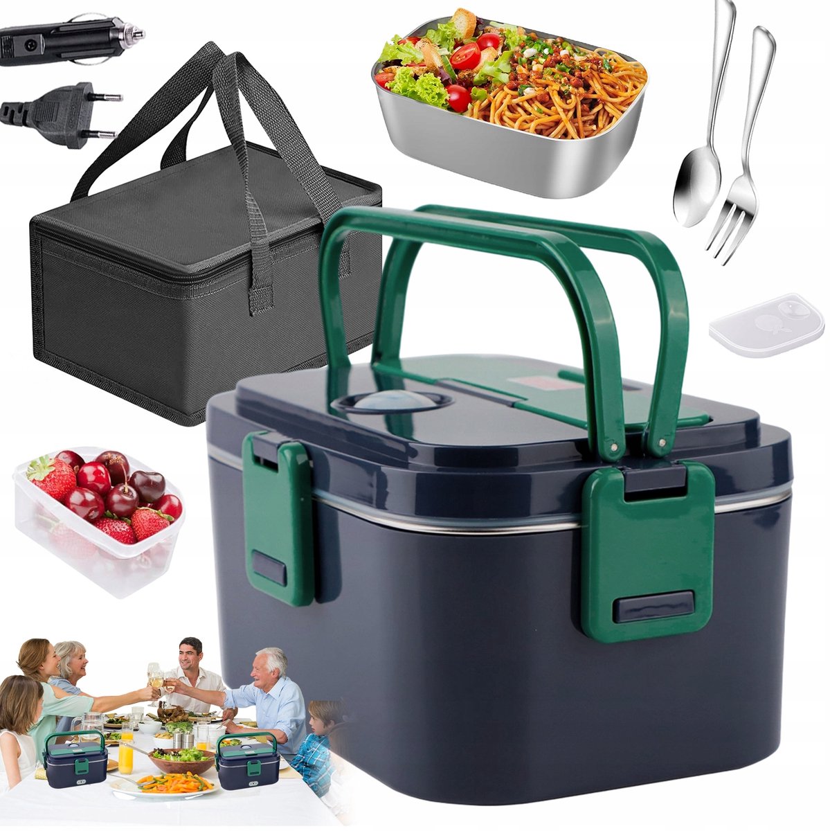 Elektrische Lunchbox - Verwarmde Bento Box - 1.8L Thermos Lunchbox - PTC Constante Temperatuur - Lekvrij - 80W - 12V/24V/220V - met Handvat & Isolatietas & Bestek - Draagbare Broodtrommel - Voor Chauffeurs & Kantoor & Bouwplaats