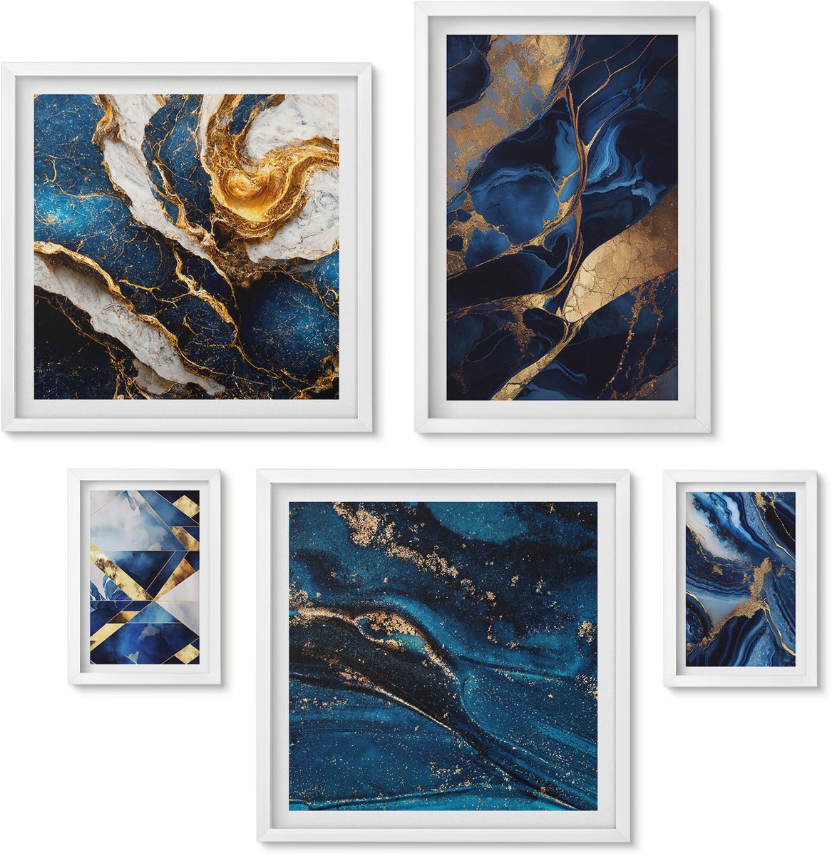 Wallfluent 5-Delige Schilderij Set - Abstracte Patronen In Blauwe Tinten - 50 x 50 cm, 20 x 30 cm En 40 x 60 cm - Schilderijen Set - Wanddecoratie - Woonkamer - Muurdecoratie