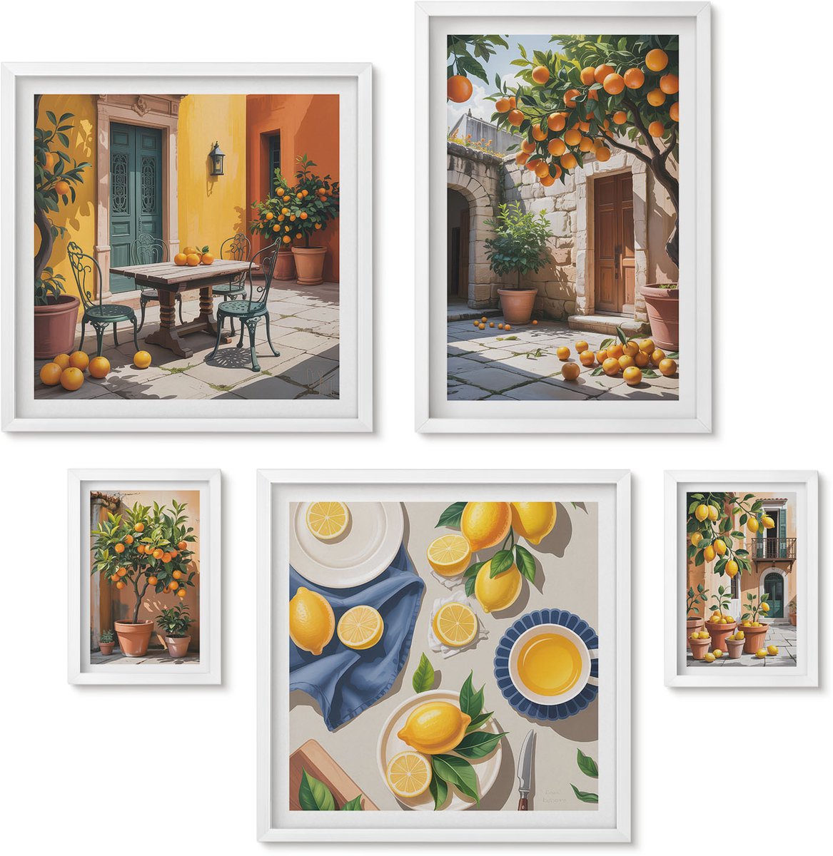 Wallfluent 5-Delige Schilderij Set - Citrusvruchten In Zonnige Tuinen En Op Terrassen - 50 x 50 cm, 20 x 30 cm En 40 x 60 cm - Moderne Wanddecoratie - Slaapkamer - Muurdecoratie