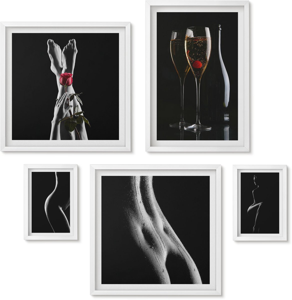 Wallfluent 5-Delige Schilderij Set - Elegante Accenten In Een Moderne Stijl Met Een Thema Van Intimiteit. - 50 x 50 cm, 20 x 30 cm En 40 x 60 cm - Muurdecoratie - Wanddecoratie - Hal - Stijlvolle Muurdecoratie