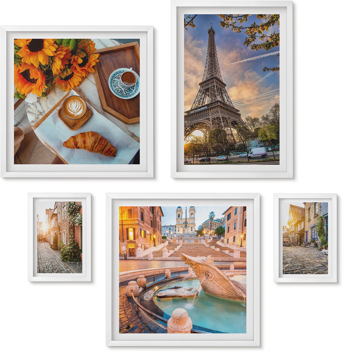 Wallfluent 5-Delige Schilderij Set - Sfeervolle, Charmante Uitzichten Op Europese Steden En Cafés. - 50 x 50 cm, 20 x 30 cm En 40 x 60 cm - Decoratieve Schilderijen - Woonkamer - Interieur - Muurdecoratie