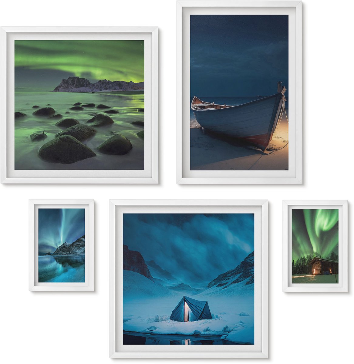 Wallfluent 5-Delige Schilderij Set - Winterlandschappen Met Noorderlicht En Nachtelijke Hemel - 50 x 50 cm, 20 x 30 cm En 40 x 60 cm - Wanddecoratie - Schilderijen Set - Kantoor - Decoratieve Schilderijen