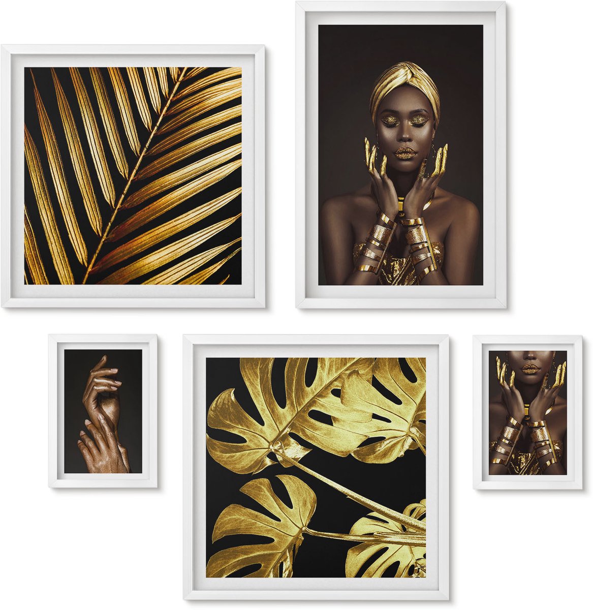 Wallfluent 5-Delige Schilderij Set - Glamourportretten Van Vrouwen Met Elementen Uit De Natuur. - 50 x 50 cm, 20 x 30 cm En 40 x 60 cm - Stijlvolle Wanddecoratie - Interieur - Stijlvolle Muurdecoratie