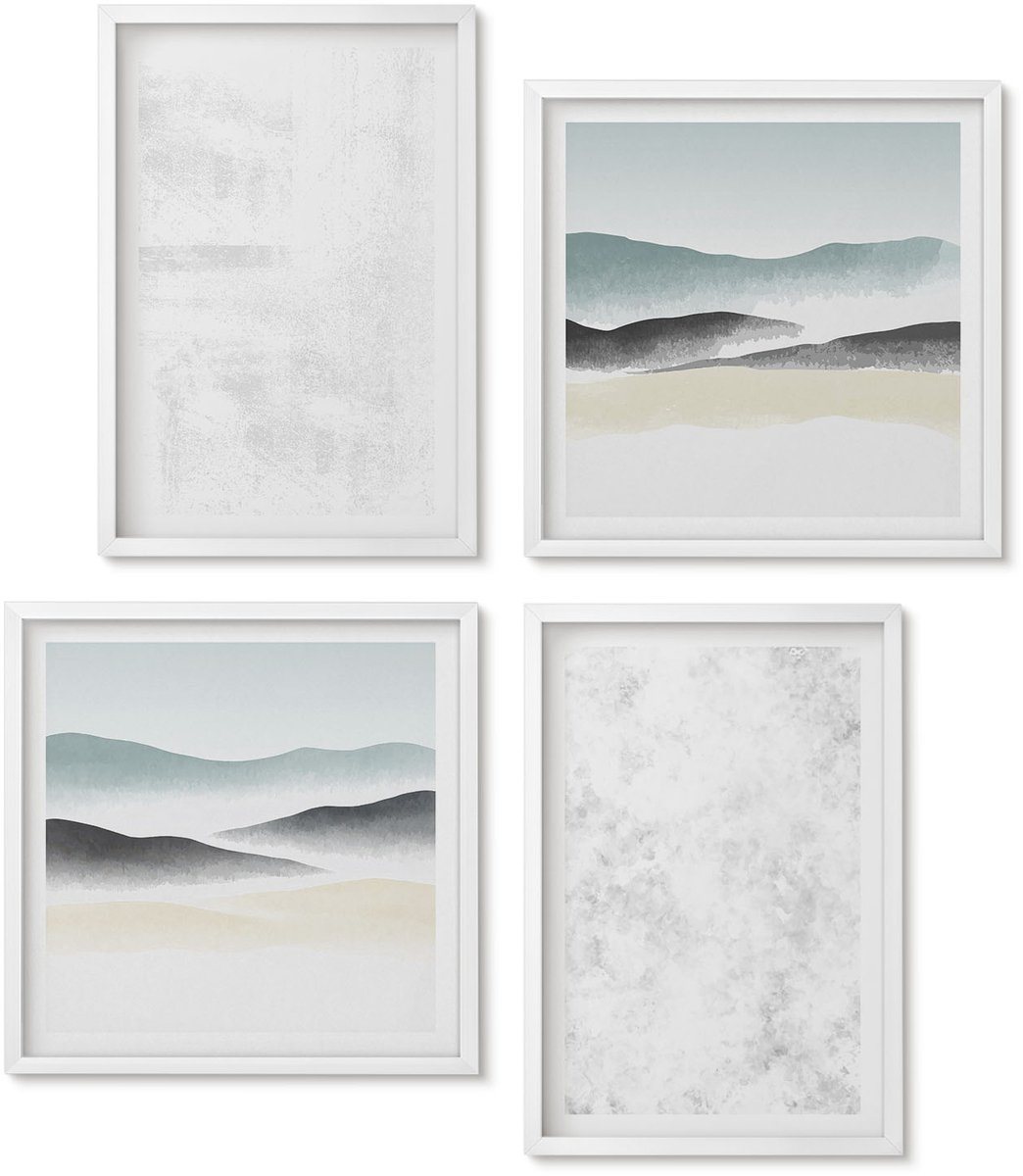 Wallfluent 4-Delige Schilderij Set - Witte Vlekken Op Canvas En Abstracte, Minimalistische Achtergronden - 40 x 40 En 40 x 60 - Decoratieve Schilderijen - Wanddecoratie - Hal
