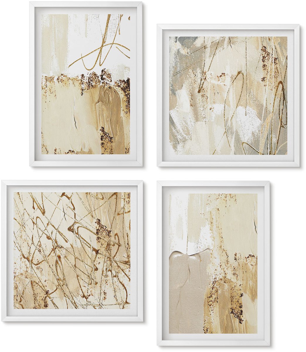 Wallfluent 4-Delige Schilderij Set - Abstracte Patronen In Beige En Witte Tinten. - 40 x 40 En 40 x 60 - Muurdecoratie - Decoratieve Schilderijen - Wohnzimmer - Stijlvolle Muurdecoratie