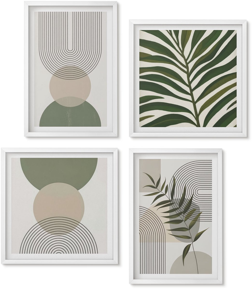 Wallfluent 4-Delige Schilderij Set - Abstracte Vormen En Bladeren In Boho-Stijl - 40 x 40 En 40 x 60 - Wanddecoratie - Woonkamer Decoratie - Muurdecoratie