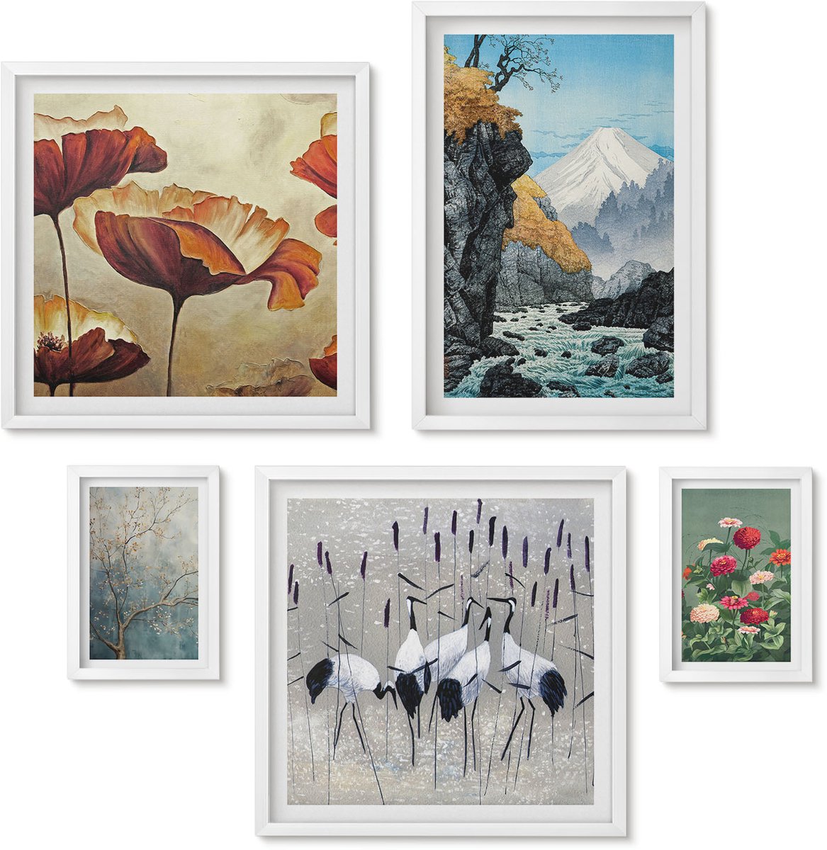 Wallfluent 5-Delige Schilderij Set - Natuurlandschappen Met Bloemen En Uitzicht Op De Bergen - 50 x 50 cm, 20 x 30 cm En 40 x 60 cm - Stijlvolle Muurdecoratie - Kantoor - Woonkamer Decoratie