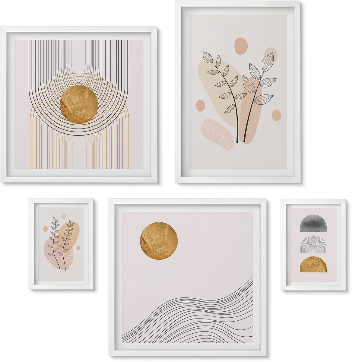 Wallfluent 5-Delige Schilderij Set - Stijlvolle Decoraties In Een Minimalistisch Design Met Planten. - 50 x 50 cm, 20 x 30 cm En 40 x 60 cm - Wanddecoratie - Muurdecoratie - Woonkamer - Moderne Wanddecoratie