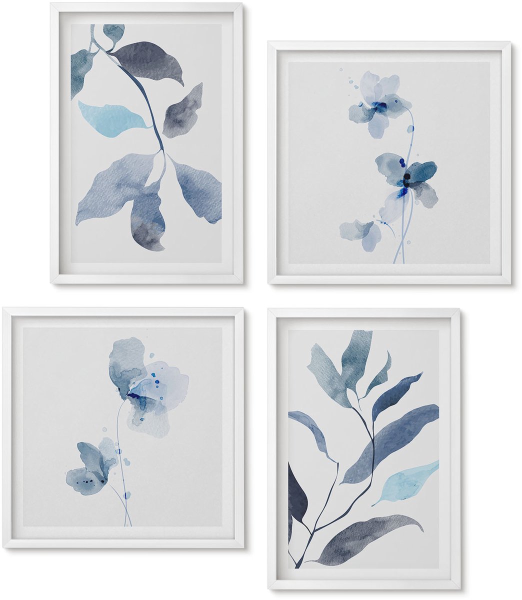 Wallfluent 4-Delige Schilderij Set - Blauwe Bladeren Op Een Lichte Achtergrond In Aquarelstijl - 40 x 40 En 40 x 60 - Stijlvolle Wanddecoratie - Interieur - Moderne Wanddecoratie