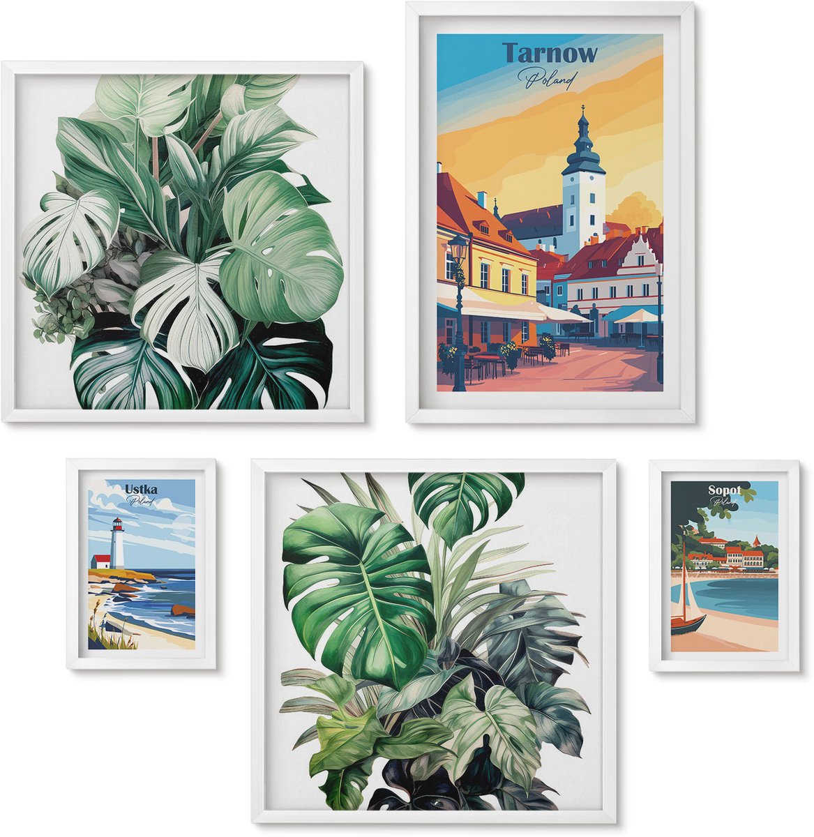 Wallfluent 5-Delige Schilderij Set - Poolse Kuststeden Met Plantmotieven - 50 x 50 cm, 20 x 30 cm En 40 x 60 cm - Wanddecoratie - Woonkamer Decoratie